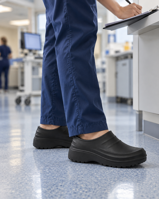 Nurse in navy scrubs standing at the nurses' station in black Alpyn work clogs.