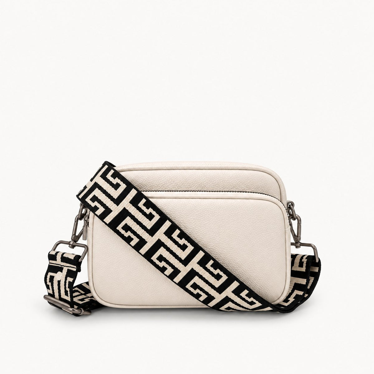 Rivarella Crossbody Bag in Stone with Black & Stone Greek Key strap
