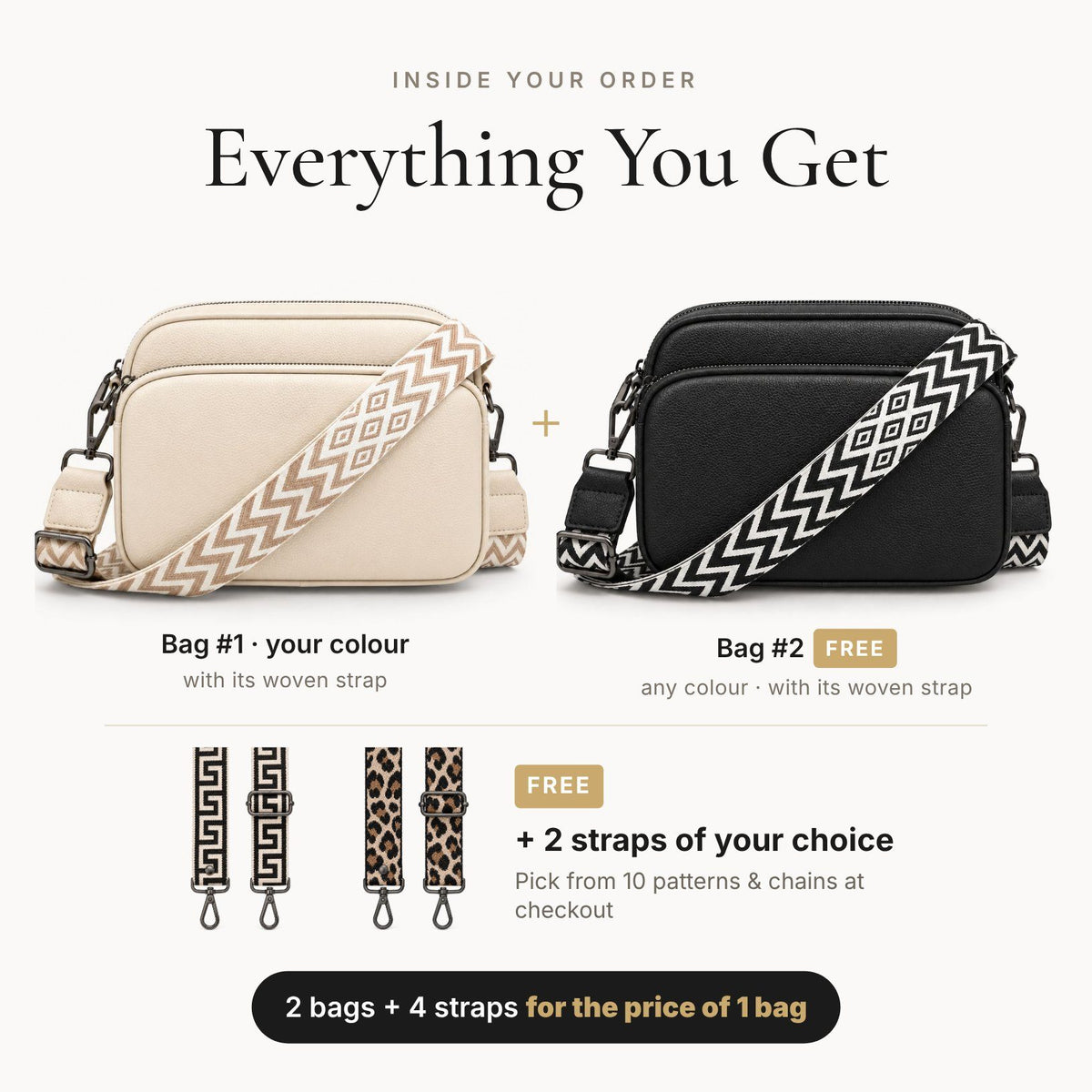 Everything you get: 2 Rivarella bags with woven straps plus 2 free straps of your choice