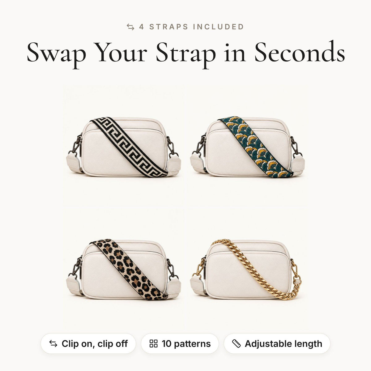 Swap your strap in seconds – the Rivarella bag with four different straps