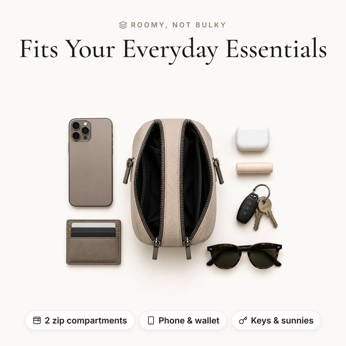Everything that fits inside the Rivarella crossbody: phone, card holder, compact, lipstick, hand cream, earbuds, sunglasses, keys