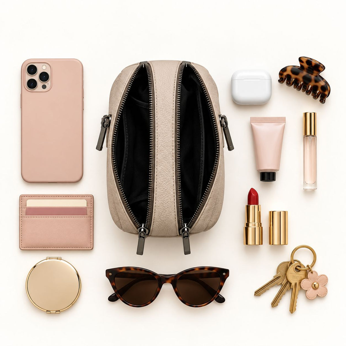 What fits inside the Rivarella crossbody: phone, card holder, compact, lipstick, hand cream, earbuds, sunglasses, keys, claw clip, perfume